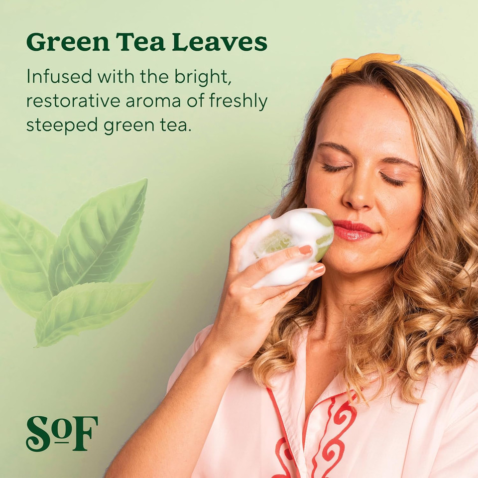 Sof Triple Milled Bar Soap - With Coconut Oil & Organic Shea Butter- Vegan & Non Gmo- Free From Phthalates, Sulfates & Parabens- Green Tea Leaves - 6 Oz Bar 6 Bars