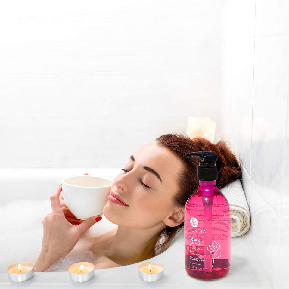 Luseta Rose Oil Body Wash For Dry Skin Women 16.9Oz, Smell Good Hydrating Shower Gel For Nourishing Essential Body Care, Sulfate & Paraben Free Itch, Ringworm, Shower Gel