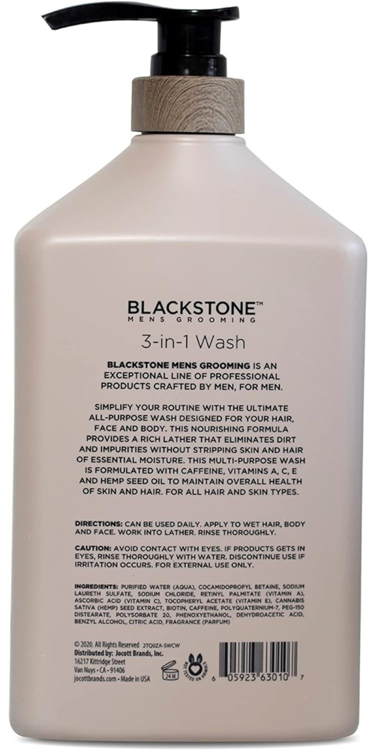 Blackstone 3-In-1 Wash For Men | Cleanses & Conditions Hair, Body, & Face | For All Skin & Hair Types | With Caffeine, Vitamin C, Hemp Seed Oil & Biotin - Bourbon & Cedar, 32 Fl Oz