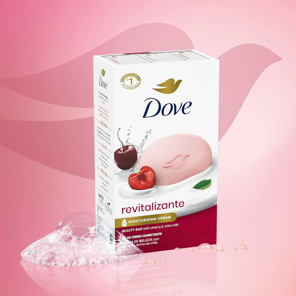 Dove Beauty Bar Soap Revitalizante Cherry & Chia Milk, For Revitalized Skin, 6 Bars A Skin Energy Boost 3.75 Oz