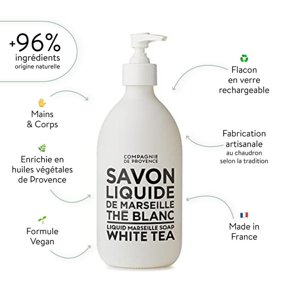 Compagnie De Provence Savon De Marseille Extra Pure Liquid Soap - White Tea - 16.7 Fl Oz Glass Pump Bottle