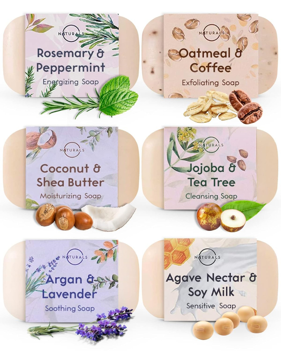 O Naturals 100% Natural Bar Soap - Gift Set For Women - Organic Ingredients & Essential Oils - Spa Gifts For Women & Men, Body Wash Soap Bar - 6Pc Natural Collection