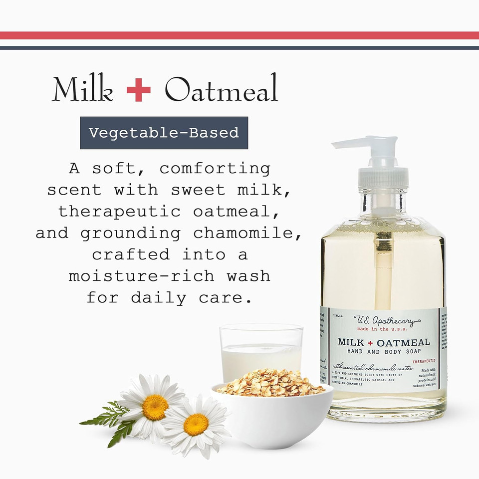Milk & Oatmeal Hand Soap, Creamy-Sweet Scent With Oatmeal Extract & Milk Proteins, Natural Liquid Soap For Bathroom & Kitchen, 12 Fl Oz