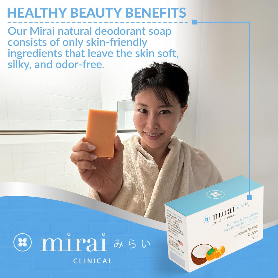 Mirai Clinical Persimmon Soap Bar For Body (100G) - Nonenal Odor Control With Japanese Persimmon And Green Tea Extract - Deodorant Soap Bar For Men & Women