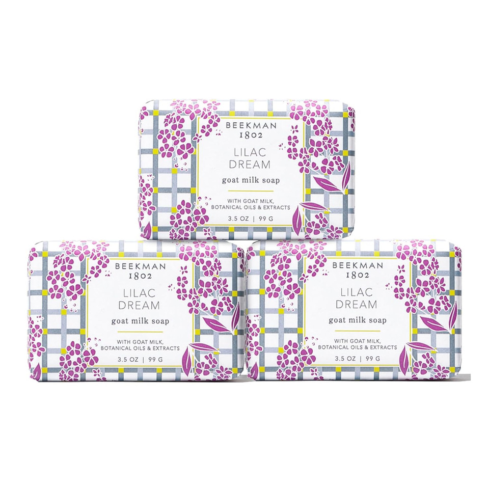 Beekman 1802 Lilac Dream Goat Milk Soap 3-Piece Set - 3.5 Oz Each - Scented - Cleanses & Hydrates - With 100% Vegetable Base & Botanical Oils - Triple Milled - Good For Sensitive Skin - Cruelty Free