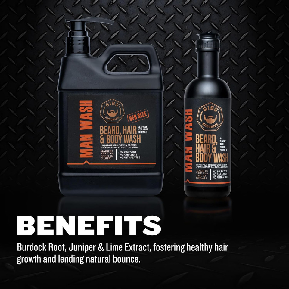 Gibs Grooming 3 In 1 Man Wash Body Wash For Men - Beard & Hair Moisturizing, & Cleansing Liquid Body Wash - Sulfate & Paraben Free