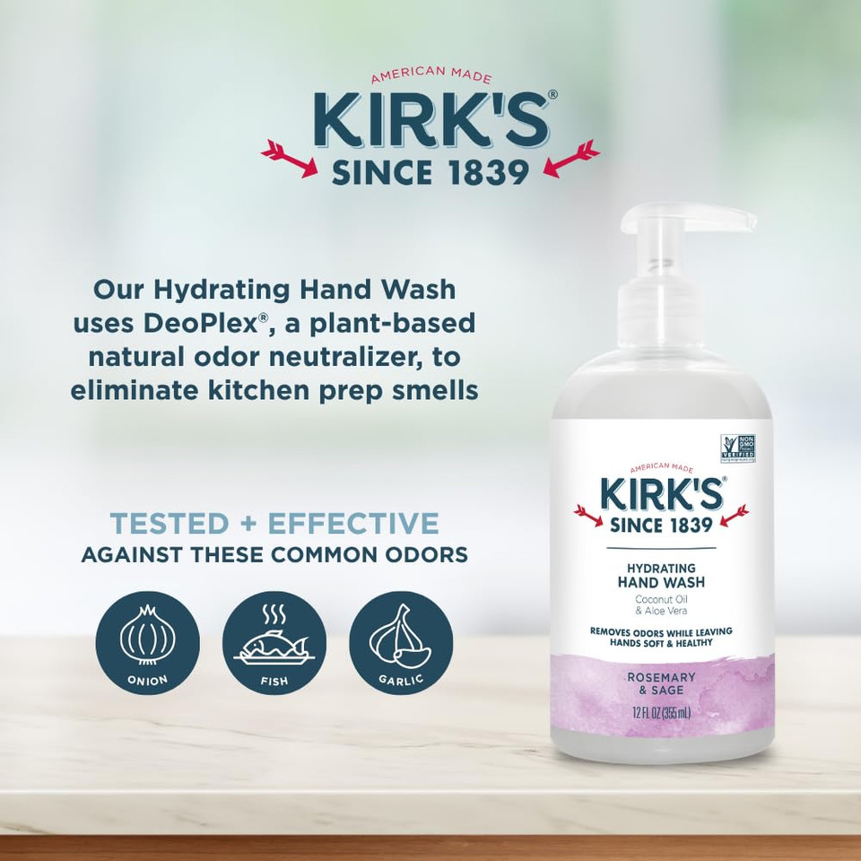 Kirk'S Hydrating Hand Wash - Made With Coconut Oil And Aloe Vera, With Odor Neutralizing Technology To Help Eliminate Odors, Non-Gmo, Vegan, Fragrance Free, 12 Fl Oz