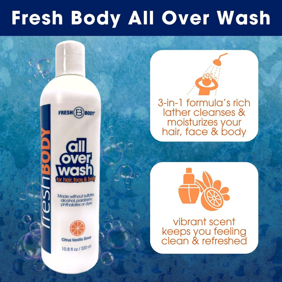 Fresh Body Fb All Over Wash For Hair, Face & Body, 10.8Oz Shampoo And Body Wash For Men & Women - Citrus Vanilla Grove Shower Gel, Made Without Alcohol, Sulfates, Dyes Or Parabens