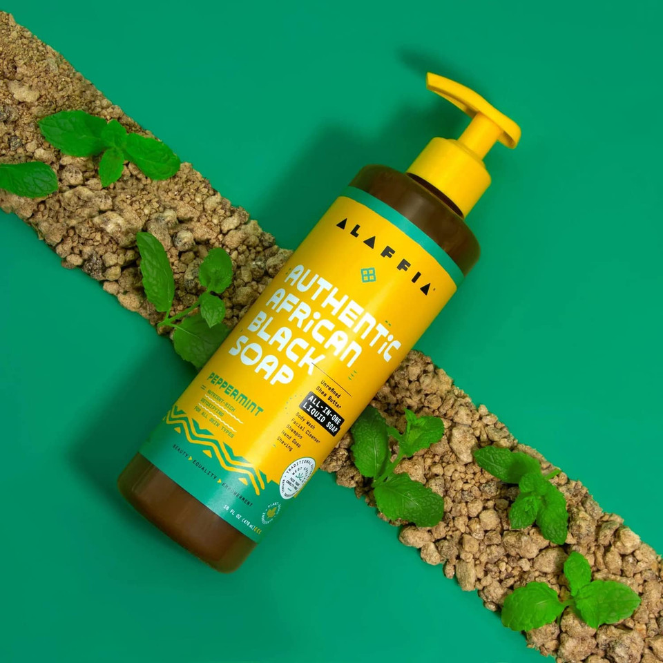 Alaffia Skin Care, Authentic African Black Soap, All In One Body Wash, Face Wash, Shampoo & Shaving Soap With Fair Trade Shea Butter, Peppermint, 16 Fl Oz