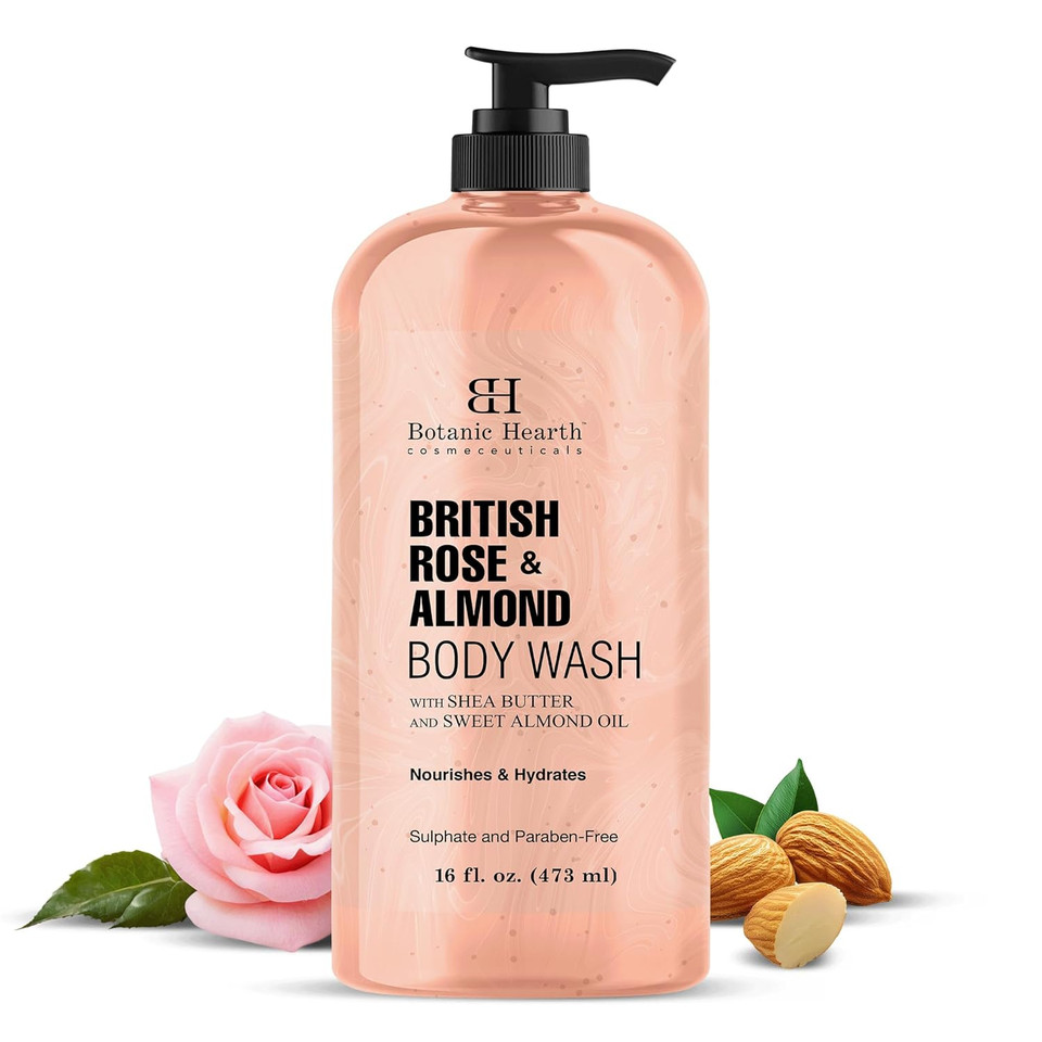 Botanic Hearth British Rose & Almond Body Wash | Shower Gel | 16 Fl Oz With Shea Butter | Moisturizing Body Wash Shower Gel For Softer, Smoother Skin | Sulfate & Paraben Free