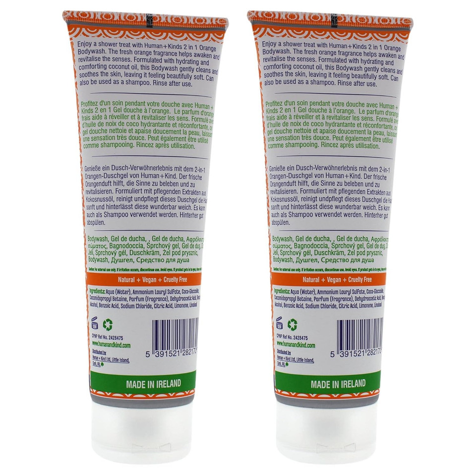 Human+Kind Body Wash | Nourishes Dry Skin With Coconut Oil | Sls-Free, Gentle Enough For Hair & Scalp | Natural, Vegan Skin Care | Orange Scent - 8.45 Fl Oz, 2Count