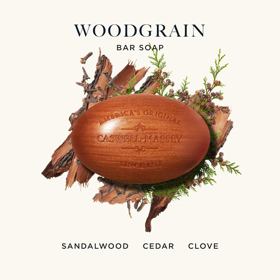 Caswell-Massey Woodgrain Sandalwood Natural Bar Soap For Men & Women, Moisturizing Body Soap Bar For All Skin Types, Made With Essential Oils & Plant-Based Formula For Soft Skin, Made In Usa, 5.8 Oz