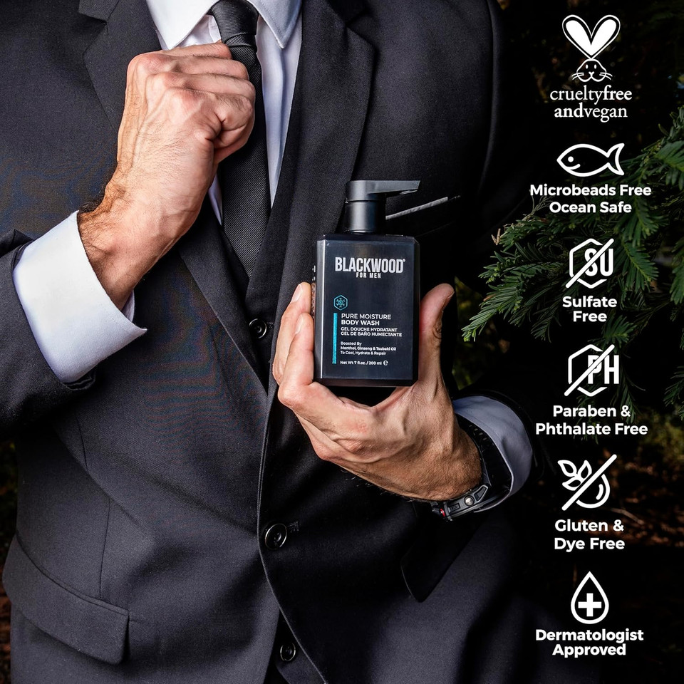 Blackwood For Men Pure Moisture Body Wash - Infused With Ginseng & Menthol - Natural Cleanser For Dry Or Sensitive Skin - Ideal For Workout Recovery - Sulfate Free, Dye Free & Vegan (17 Oz)