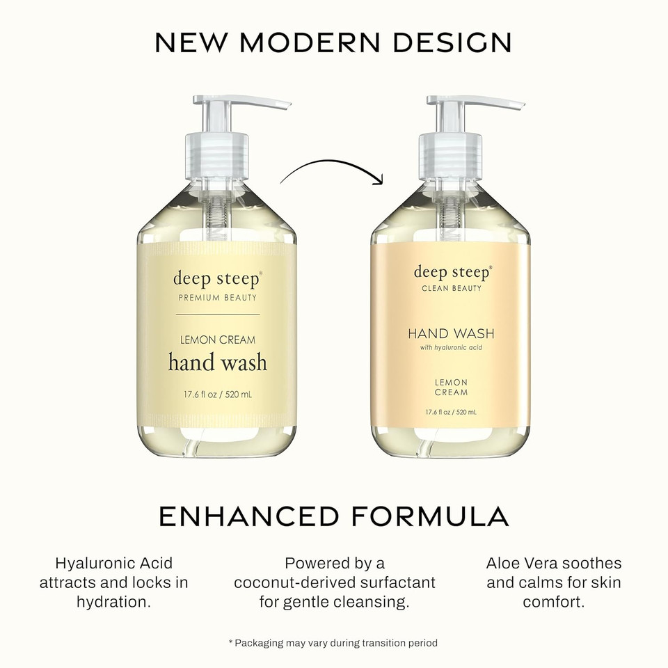 Deep Steep Liquid Hand Wash, Lemon Cream, 17.6 Oz  Moisturizing Cleanser With Olive Oil, Aloe Vera, Glycerin & Hyaluronic Acid  Vegan, Clean Beauty, Soft & Nourished Hands