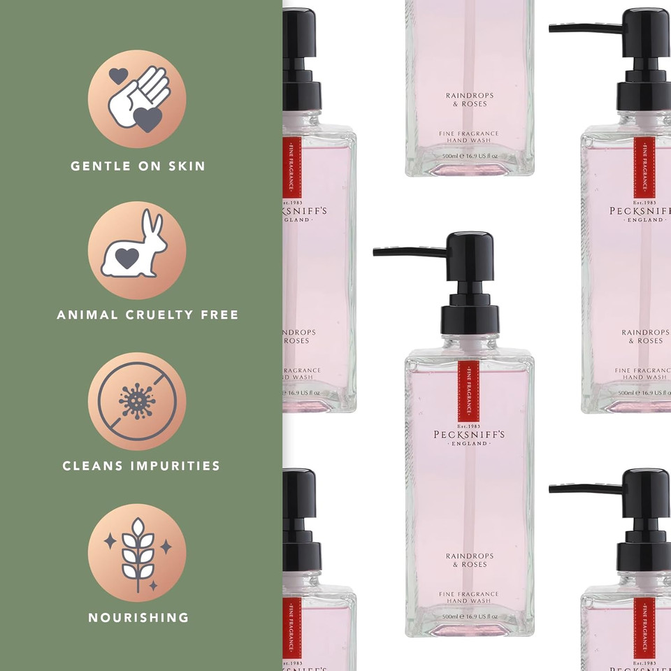 Pecksniff'S Moisturizing Hand Wash - Vitamin B Enriched, Natural & Gentle Cleanser, Luxurious Hand Wash 500Ml/16.9 Fl Oz (Glass, Raindrops & Roses)