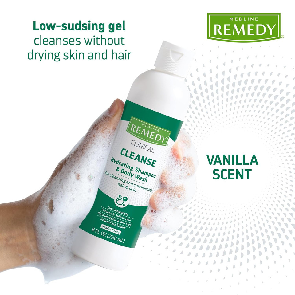 Medline Remedy Clinical Hydrating Shampoo & Body Wash (8 Fl Oz), 12 Count, Vanilla Scent, Cleanser, No-Rinse, Adults, Kids, Shower Or Bedside, Dimethicone, Sulfate Free