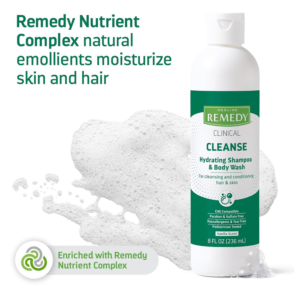Medline Remedy Clinical Hydrating Shampoo & Body Wash (8 Fl Oz), 12 Count, Vanilla Scent, Cleanser, No-Rinse, Adults, Kids, Shower Or Bedside, Dimethicone, Sulfate Free