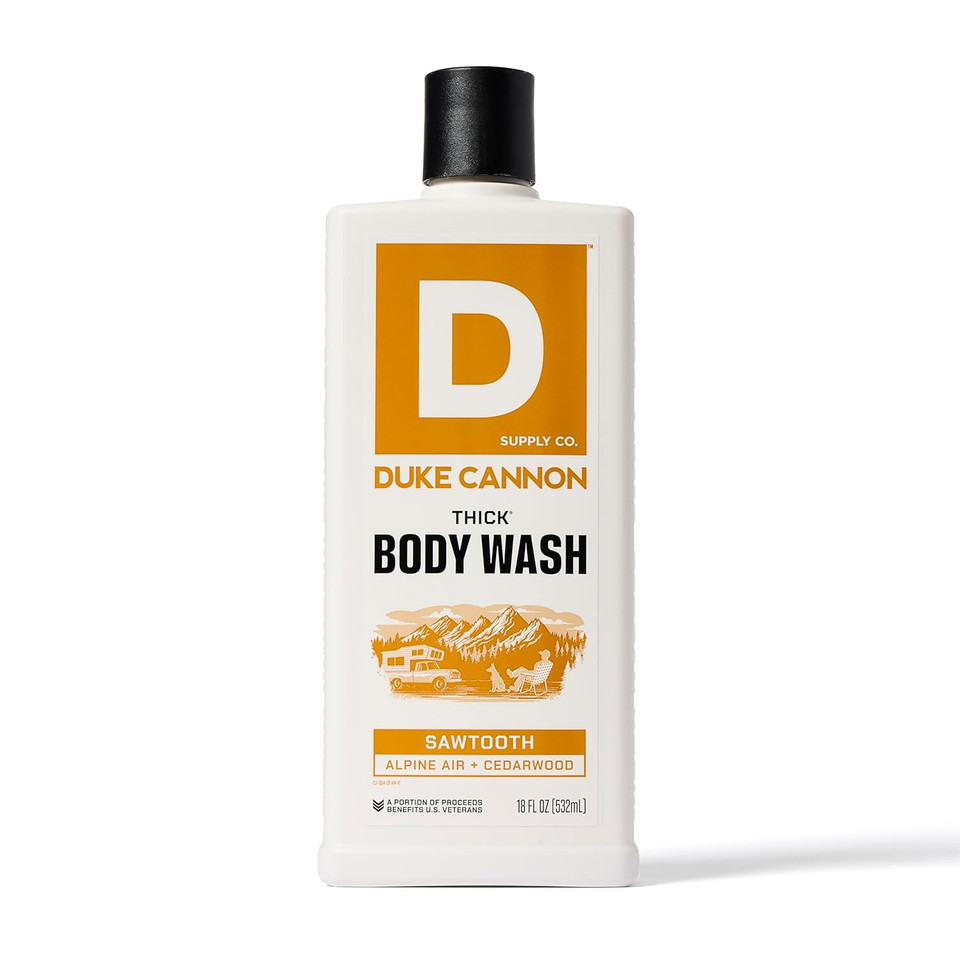 Duke Cannon Supply Co. Thick High Viscosity Body Wash - 3X Thicker, Plant-Based Body Wash For Men With Lasting Scent - Mens Body Scrub - Sawtooth, Midnight Swim & Bourbon (18Oz)