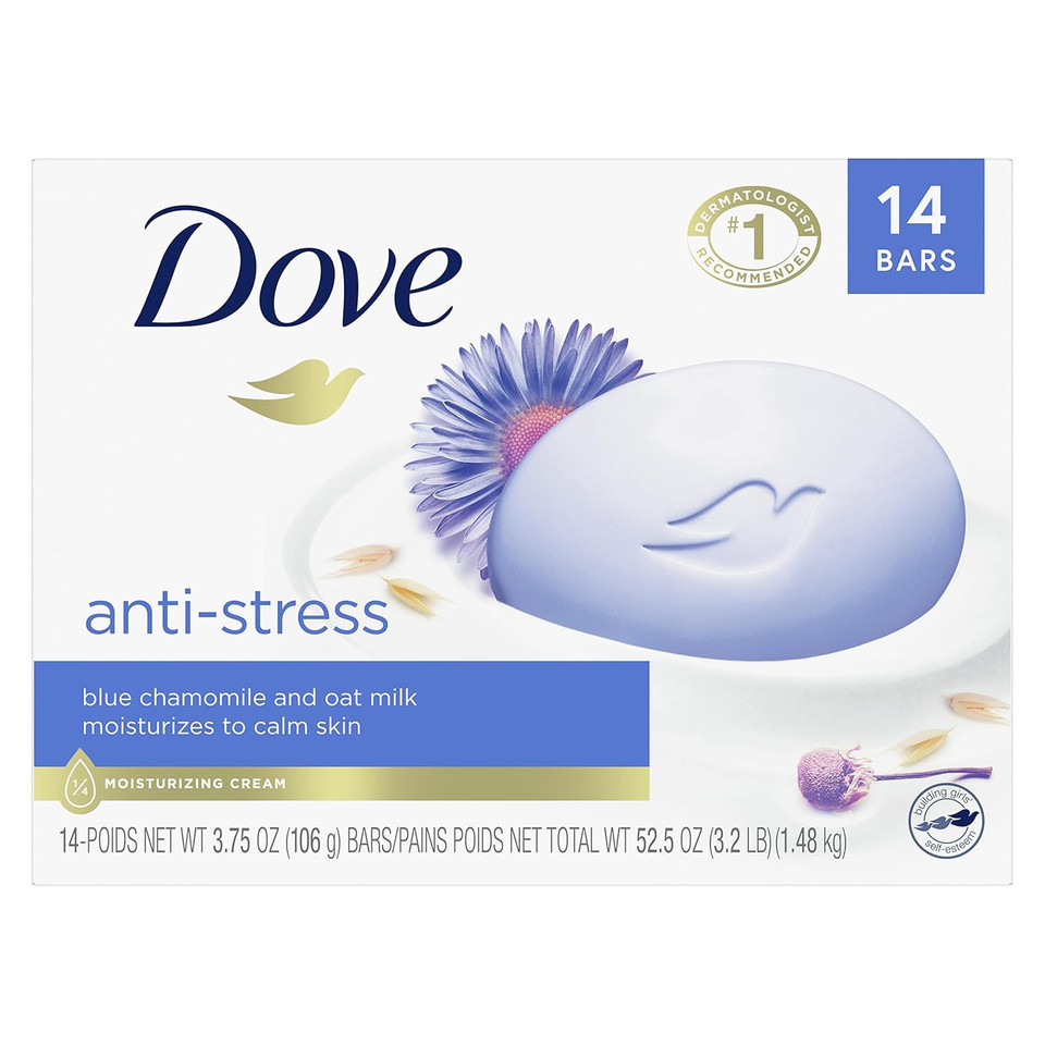 Dove Beauty Bar Gentle Cleanser Moisturizes To Calm Skin Anti-Stress Cream Bar Gentle Bar Soap Cleanser Made With 1/4 Moisturizing Cream 3.75 Oz 14 Count