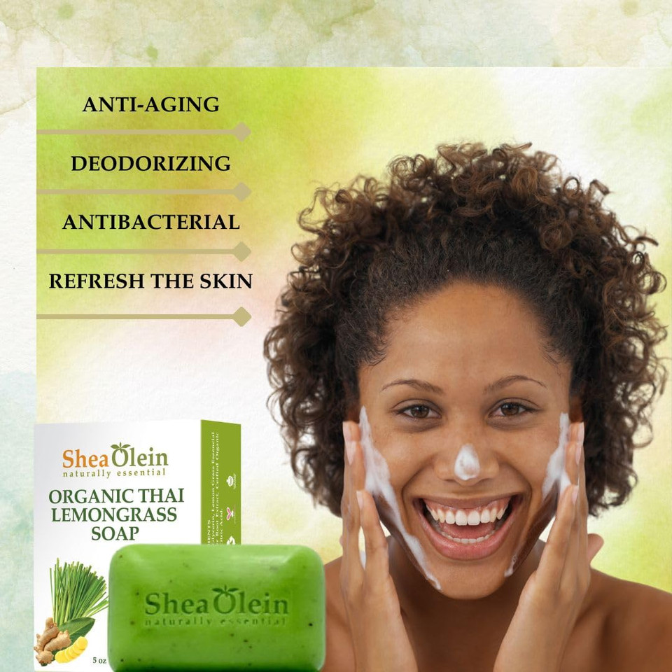 Shea Olein Natural Bar Soap - Organic Thai Lemongrass Soap Bar, Antibacterial & Anti Odor, With Tee Tree & Ginger Root - Refreshing Lemon Bar Soap For Balanced Skin Ph (5 Oz, 6 Bars)