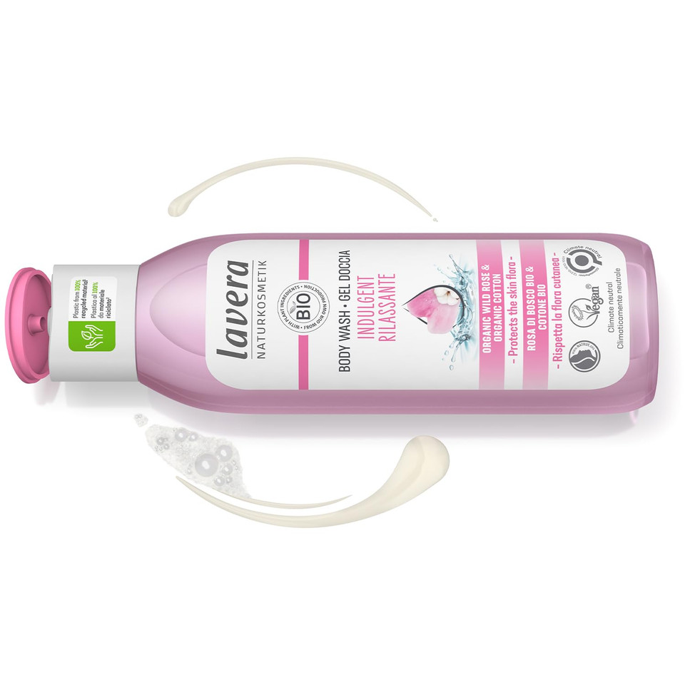 Lavera Indulgent Body Wash - Cleansing With Wild Rose & Cotton - Ph-Neutral Formula, Protects The Skin Microbiome And Moisturizing - Peta Certified - Vegan - Natural Cosmetics - 8.45 Fl.Oz