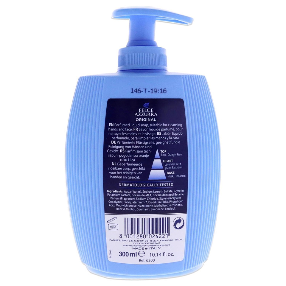 Felce Azzurra Original - The Timeless Essence Liquid Soap - Exclusive And Moisturising Formula - Gently Cleanses Skin - Respects Its Natural Balance - Makes It Suitable For Hands And Face - 10.14 Oz