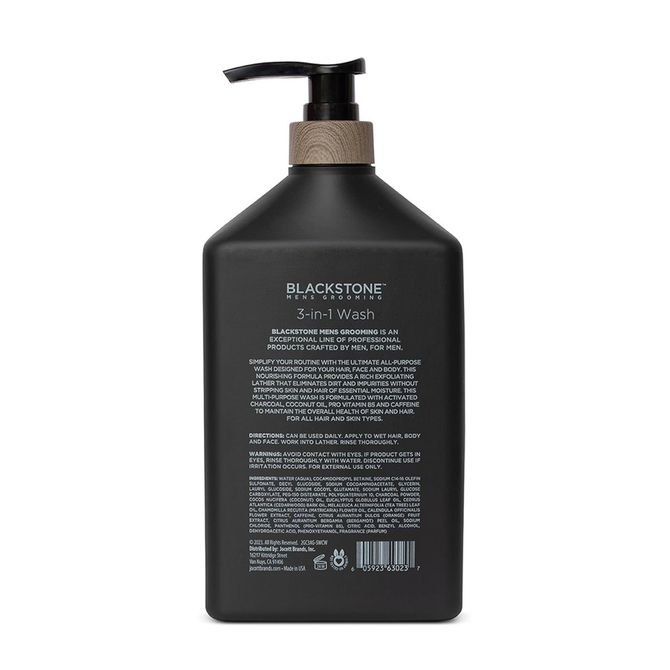 Blackstone Men'S Grooming 3-In-1 Wash For Men With Coconut Oil, Vitamin B5 And Caffeine | Cleanses & Conditions Hair, Body, & Face | For All Skin & Hair Types - Activated Charcoal (32 Fl Oz)