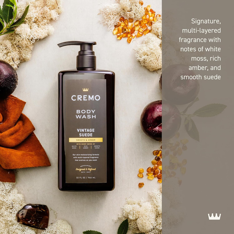 Cremo Rich-Lathering Vintage Suede Body Wash For Men, A Vintage Suede With Notes Of White Moss And Rich Amber, 32 Fl Oz