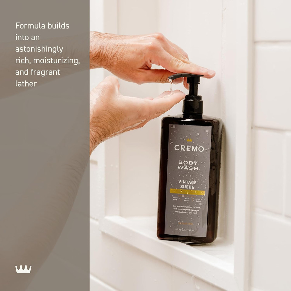 Cremo Rich-Lathering Vintage Suede Body Wash For Men, A Vintage Suede With Notes Of White Moss And Rich Amber, 32 Fl Oz