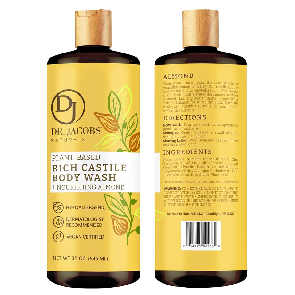 Dr. Jacobs Naturals Castile Rose All-Natural Body Wash For Moisturizing Dry And Sensitive Skin Shampoo With Plant-Based Ingredients Gluten, Preservatives-Free Formula With Pump - 32 Ounce