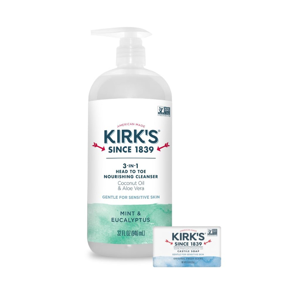 Kirk'S 3-In-1 Head To Toe Nourishing Liquid Cleanser & Travel Size Bar Soap - For Men, Women & Children - Premium Coconut Oil & Aloe Vera- Non Gmo & Vegan -Mint & Eucalyptus - 32 Fl Oz