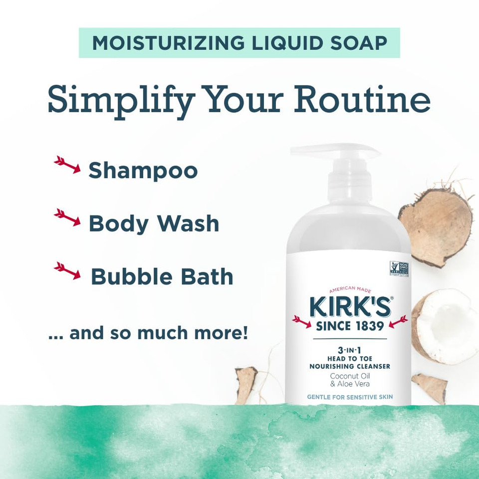 Kirk'S 3-In-1 Head To Toe Nourishing Liquid Cleanser & Travel Size Bar Soap - For Men, Women & Children - Premium Coconut Oil & Aloe Vera- Non Gmo & Vegan -Mint & Eucalyptus - 32 Fl Oz
