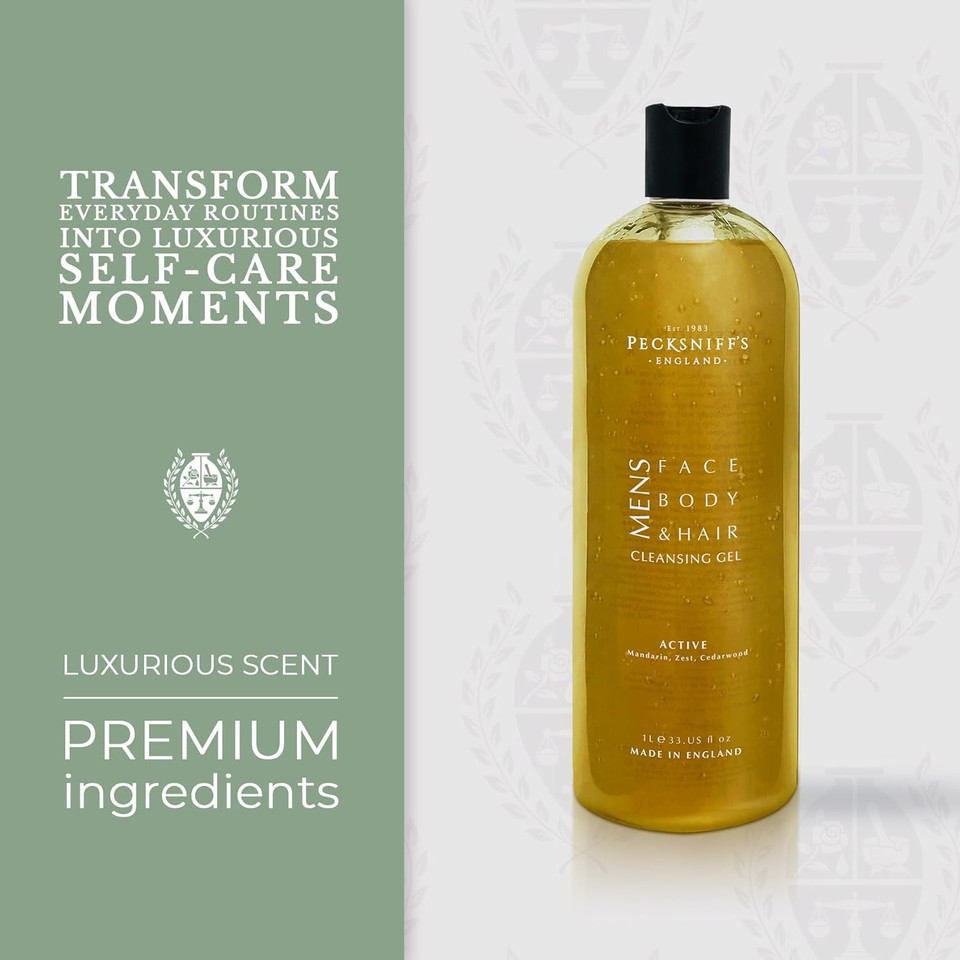 Pecksniff'S Active Men'S 3-In-1 Cleansing Gel - Invigorating Blend Of Mandarin, Zest, And Cedarwood - All-In-One Face, Body, Hair Wash - 33.8 Oz (1L) Large Bottle - Comprehensive Grooming Solution