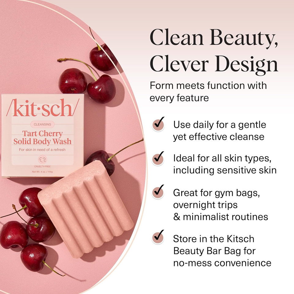 Kitsch Cleansing Tart Cherry Soap Bar With Refreshing Scent - Eco-Friendly Body Wash Women Love - Cherry Solid Bar Soap For Daily Use - Silicone, Sulfate And Paraben Free, Made In Usa - 4Oz