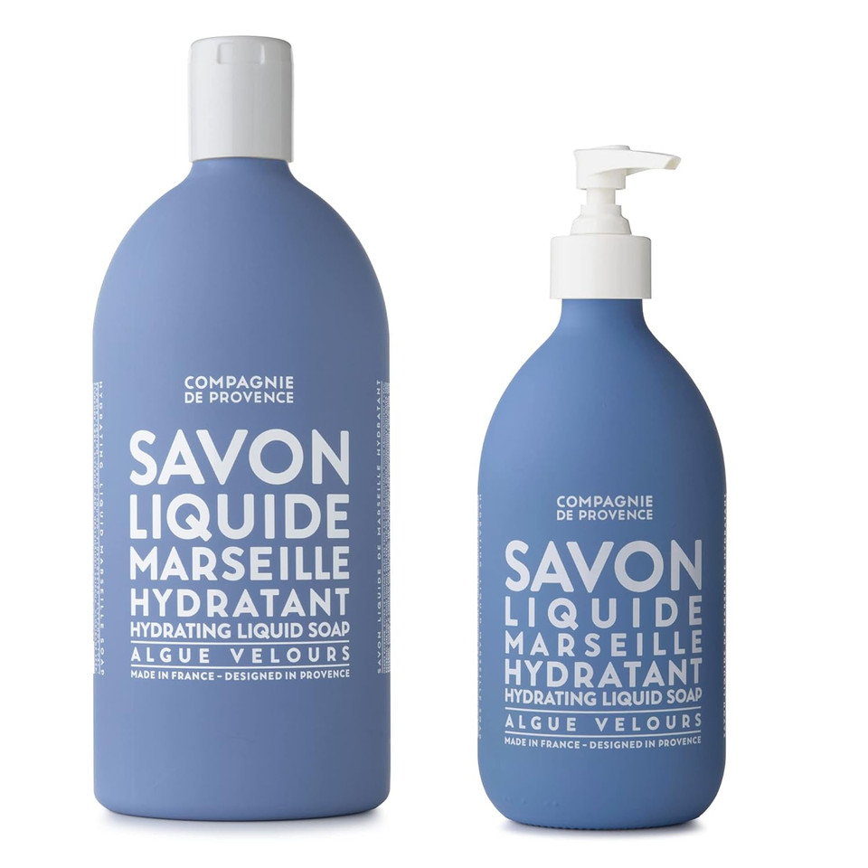 Compagnie De Provence Savon De Marseille Extra Pure Liquid Soap - Velvet Seaweed - 16.7 Fl Oz Glass Pump Bottle And 33.8 Fl Oz Plastic Bottle Refill