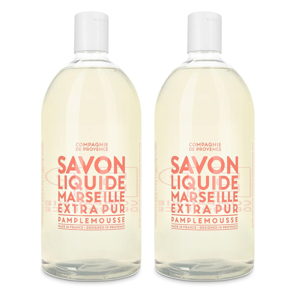 Compagnie De Provence Savon De Marseille Extra Pure Liquid Soap, Pink Grapefruit, Two 33.8 Fl Oz Plastic Bottle Refills