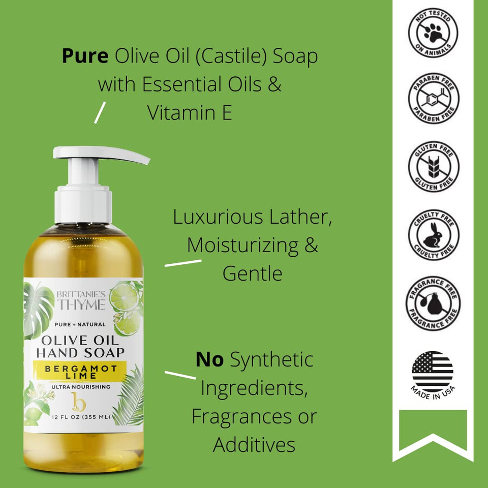 Brittanie'S Bergamot Lime Pure Castile Olive Oil Liquid Soap 1 Gallon (128Oz) | Face, Body Wash, Dishes, Pets & Laundry | Natural Vegan Sulfate Free, Moisturizing & Refill-Friendly