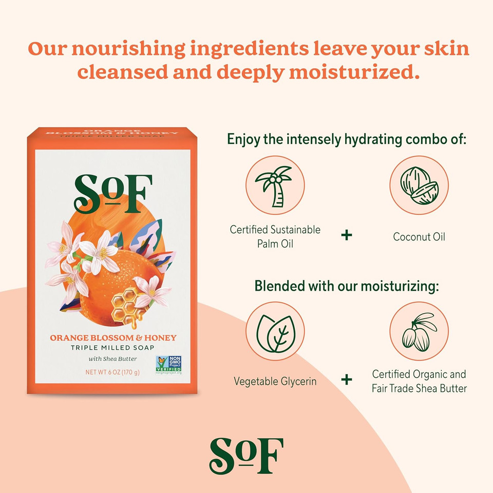 Cherry Blossom Clean Bar Soap By South Of France Clean Body Care | Triple-Milled French Soap With Organic Shea Butter + Essential Oils | Vegan, Non-Gmo Body Soap | 6 Oz Bar