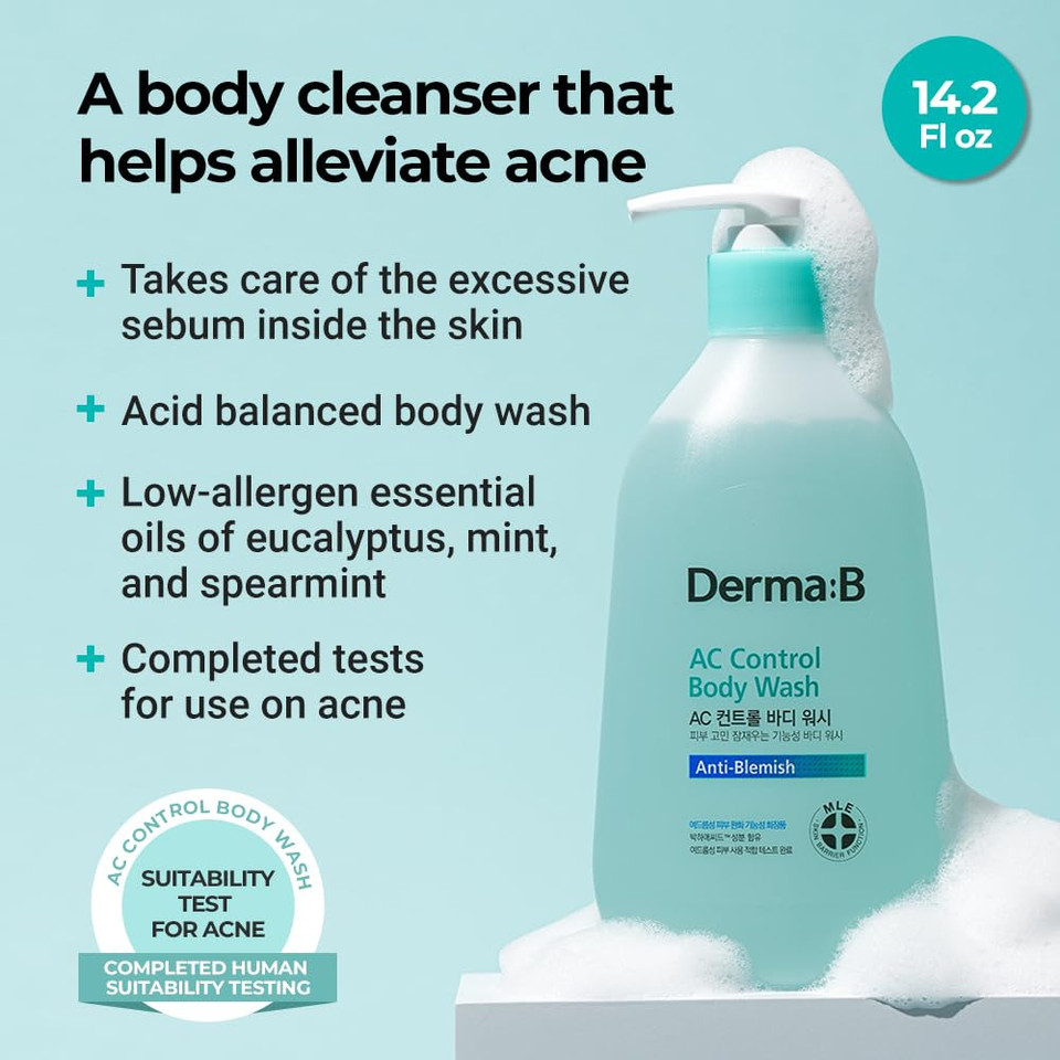 Derma B | Ac Control Body Wash | Anti-Blemish & Pimples Care | Hypoallergenic Body Cleanser | All Skin Types For Women & Men | Sensitive Skin Shower Gel | Korean Bath Products | 14.2 Fl Oz (420Ml)