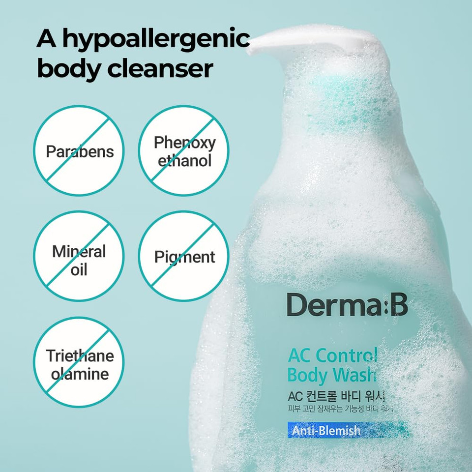 Derma B | Ac Control Body Wash | Anti-Blemish & Pimples Care | Hypoallergenic Body Cleanser | All Skin Types For Women & Men | Sensitive Skin Shower Gel | Korean Bath Products | 14.2 Fl Oz (420Ml)