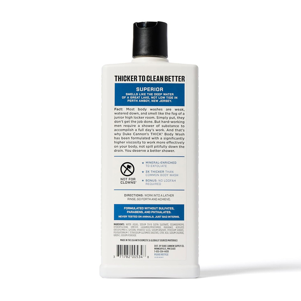 Duke Cannon Supply Co. Thick High Viscosity Body Wash  3X Thicker, Plant-Based, Mineral-Enriched For Men  MenS Body Scrub  Superior