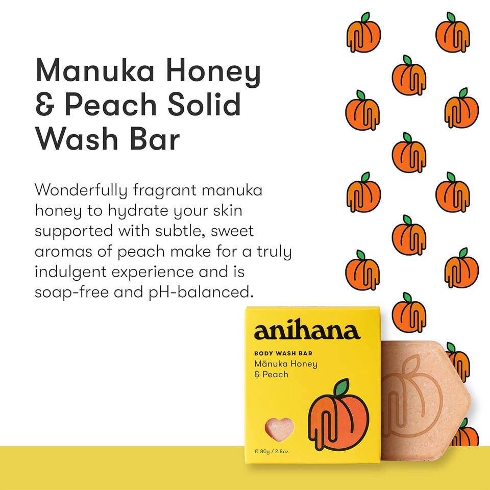 Anihana Body Wash Bar With Coconut Oil, Soap Free, Moisturizing, Gentle, Soft Skin Care, Refreshing Manuka Honey & Peach Scent 2.8 Oz