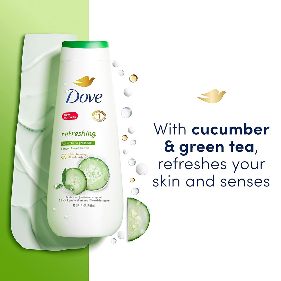 Dove Body Wash With Pump 3 Count Refresh Cucumber And Green Tea For 24Hr Lotion-Soft Skin Moisturizing Skin Cleanser With No Sulfates No Parabens