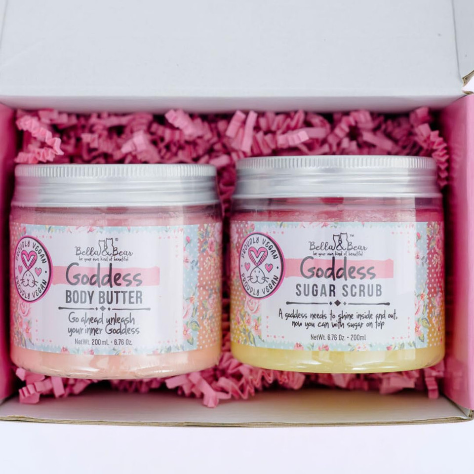 Bella & Bear Gift Set - 3-In-1 Body Scrub & Goddess Body Butter In Glossy Pink Box - Vegan, Cruelty-Free, Mango-Pineapple-Coconut Scent
