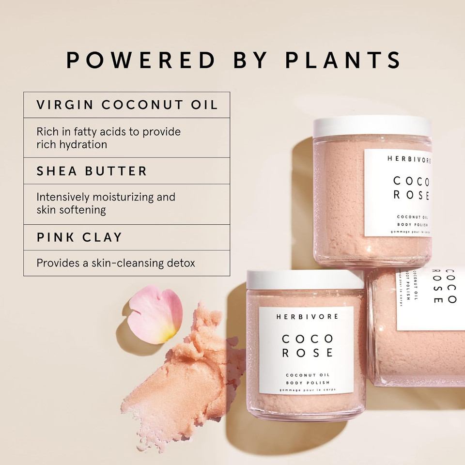 Herbivore Coco Rose Exfoliating Body Scrub + In-Shower Moisturizer With Coconut Oil, Shea Butter + Pink Clay For Softer, Smoother Skin | Vegan, Plant-Based, Cruelty-Free