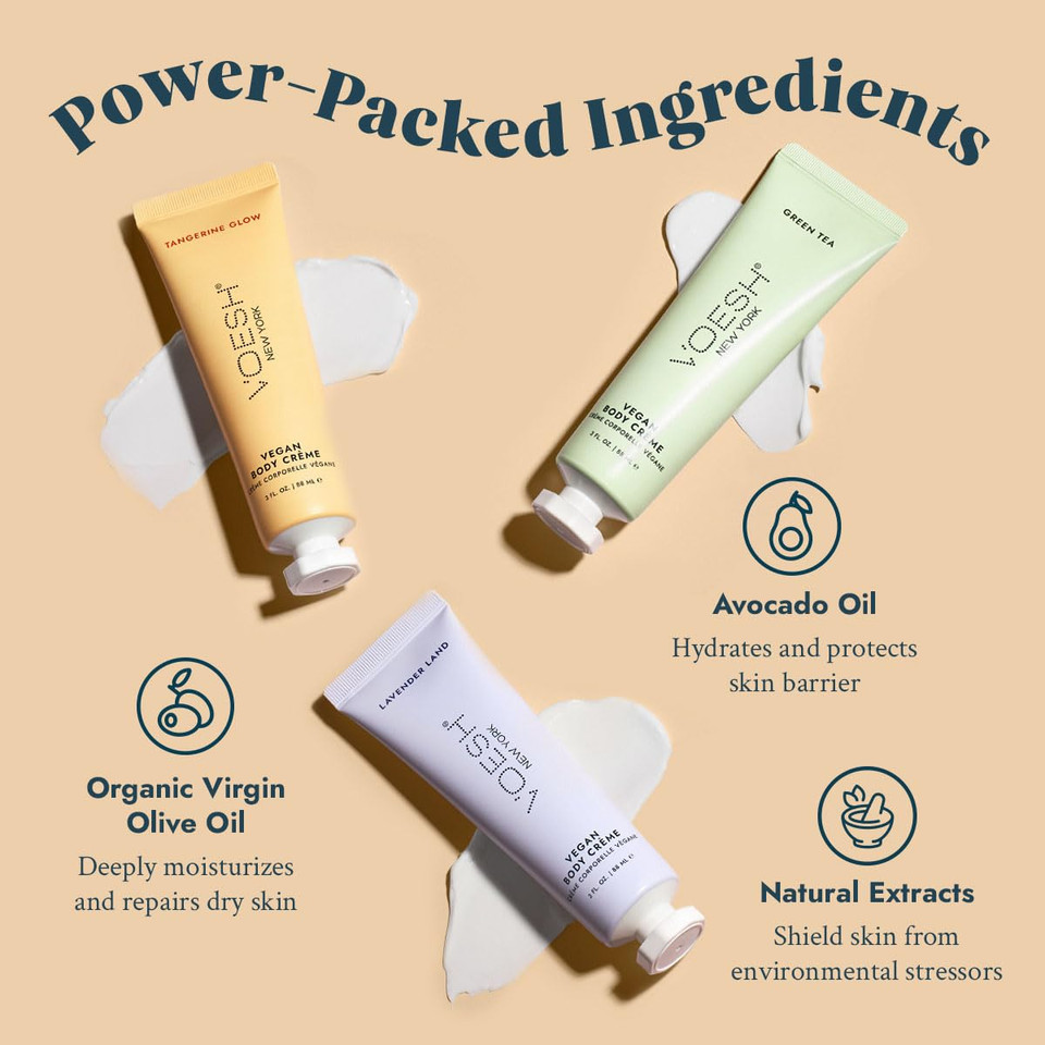 Voesh Vegan Body Creme Trio - Moisturizing Skincare Gift Set, Avocado Oil, Organic Virgin Olive Oil & Natural Extracts (Green Tea, Lavender, Tangerine)
