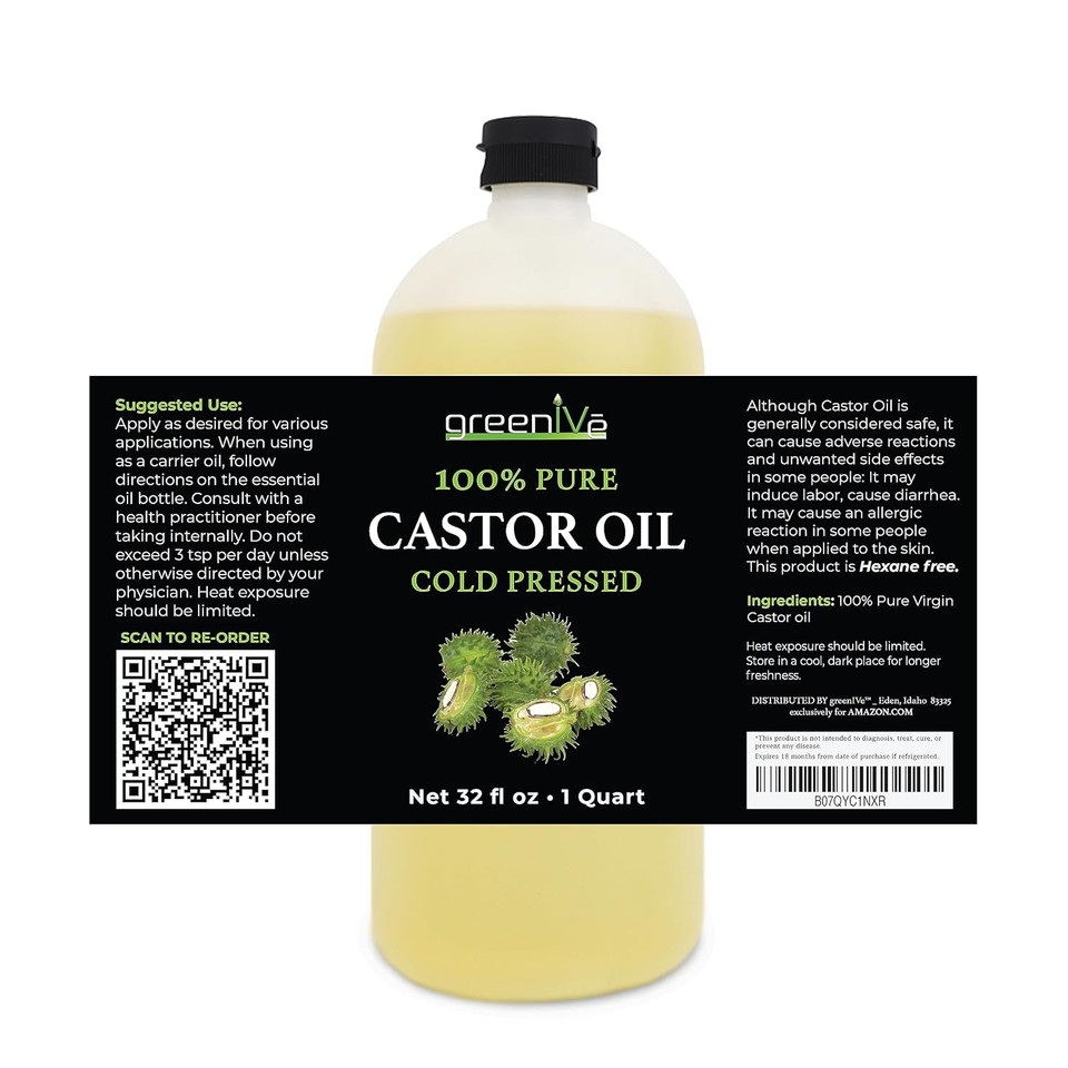 Greenive Castor Oil Organically Grown 100% Pure 8Oz Glass Bottle Cold Pressed, Hexane Free, Eyelash And Eyebrow Growth Serum, Skin Moisturizer Detox And Wraps