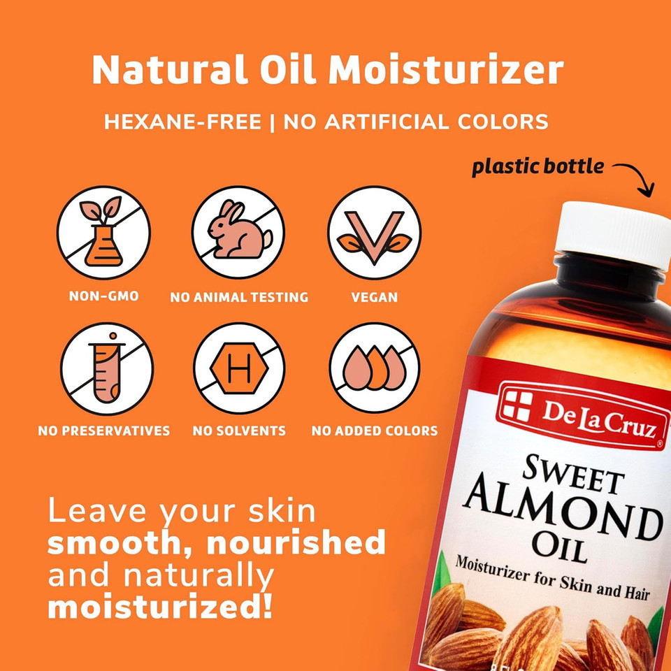 De La Cruz Sweet Almond Oil - Expeller Pressed Almond Oil For Skin And Hair 2 Fl. Oz. (59 Ml) - 6 Bottles