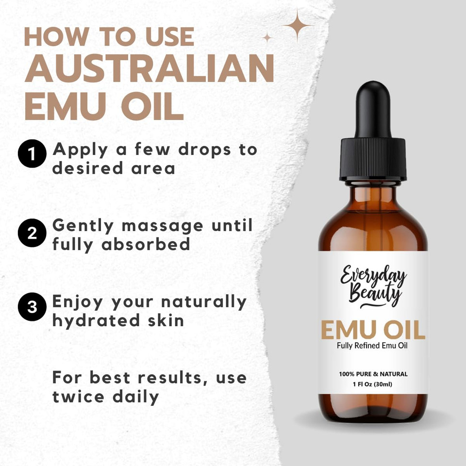 Pure Australian Emu Oil - All Natural 6X Refined For Face, Skin And Hair - Highly Effective Hydration For Sensitive Skin & Hair Growth Perfect For Scars & Blemishes - 1 Fl Oz Glass Bottle & Dropper