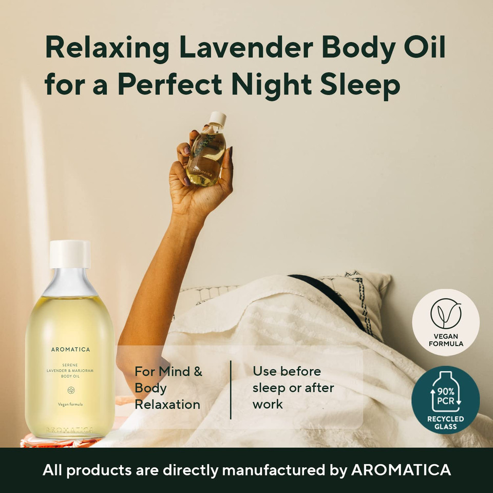 Aromatica Serene Body Oil Lavender & Marjoram Essential Oil, Aromatherapy Oils, Scented Body Oil, After Shower Natural Oil For Women, Non-Greasy Body Serum, Body Moisturizer For Dry Skin 3.38 Fl. Oz